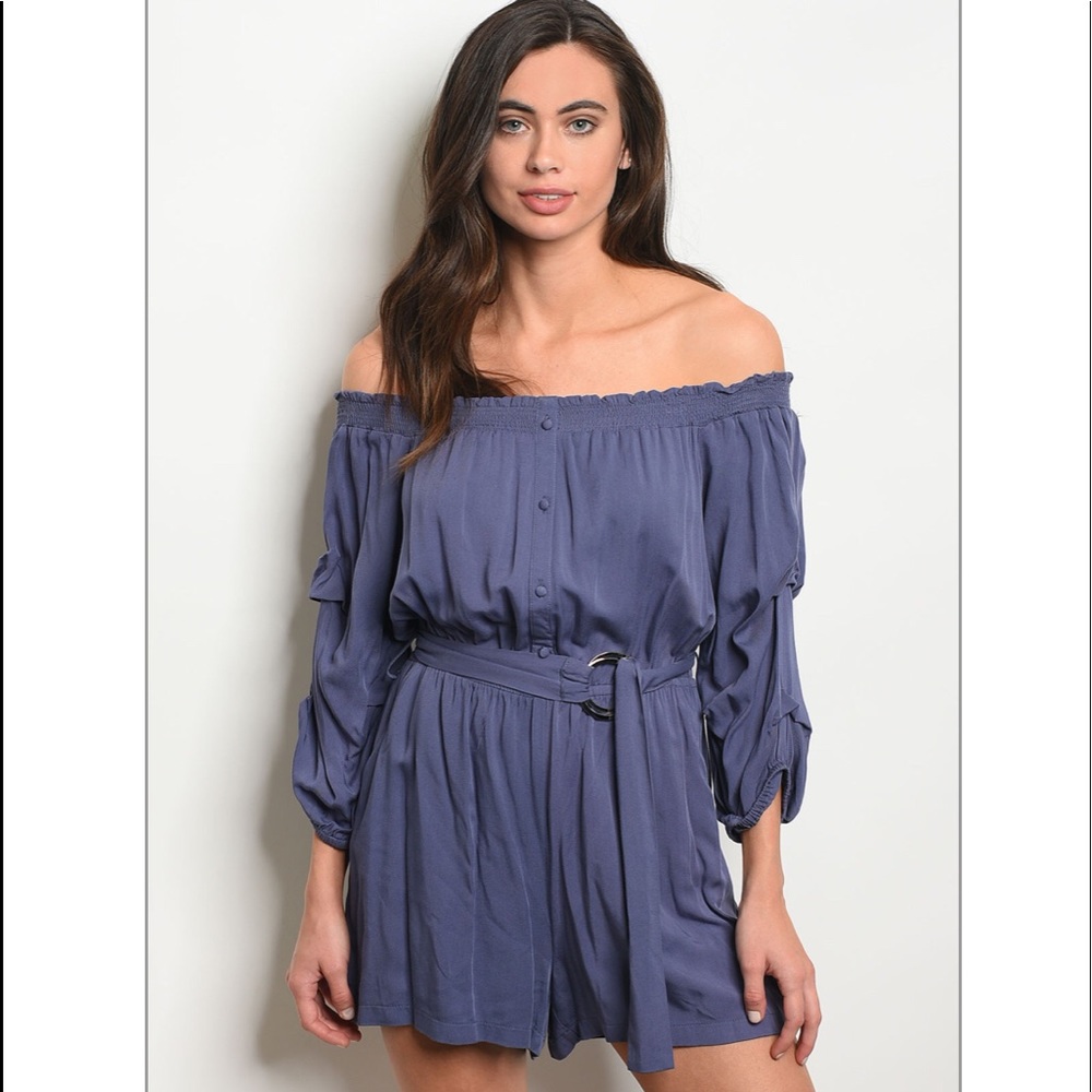 New Dusty Blue Off the Shoulder Belted Romper